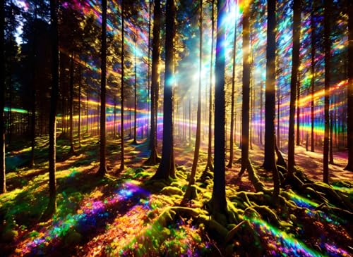 Forêt magique de lumière arc-en-ciel : poster sur toile 50 x 70 cm pour inspirer la joie