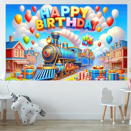 Image of BlissYard Happy Birthday Banner Colorful Train Birthday Backdrop Cartoon Train Banner Decorations Photography Background Photo Shoot Props for Boy Girl Kid Train Birthday Party Backdrop 71 x 43 Inch