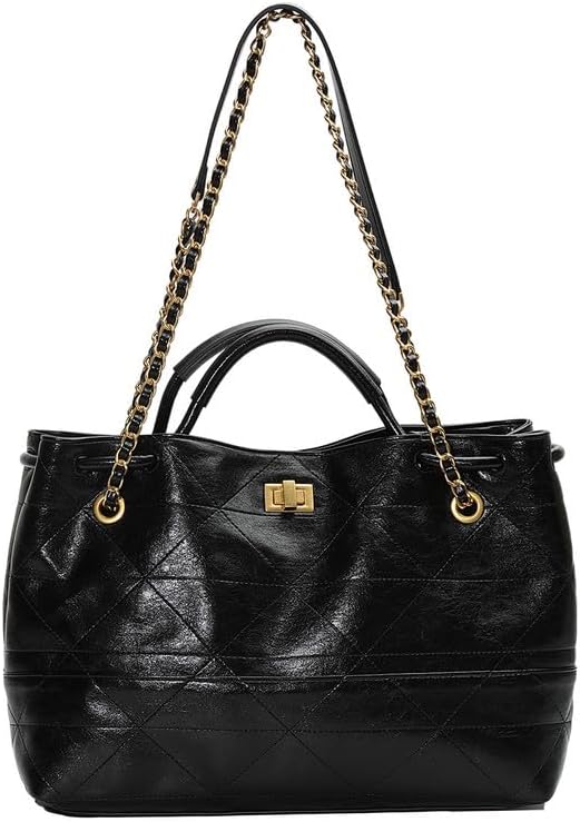 URBAN REVIVO Women Quilted Shoulder Bag Chain Strap Black PU Leather Lady Style for Work and Evening