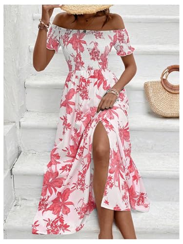Image of Floerns Women's Boho Ditsy Floral Print Off Shoulder Short Sleeve Split Maxi A Line Dress