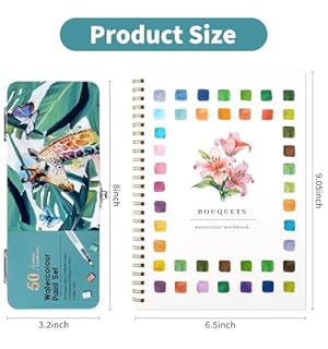 Watercolor Workbook, Water Coloring Book, 12 Different Patterns of Original DIY Designs, 50 Colors Watercolor Paint Set with Palette and Brush, Beginner-Friendly Watercolor Workbooks (Bouquets)