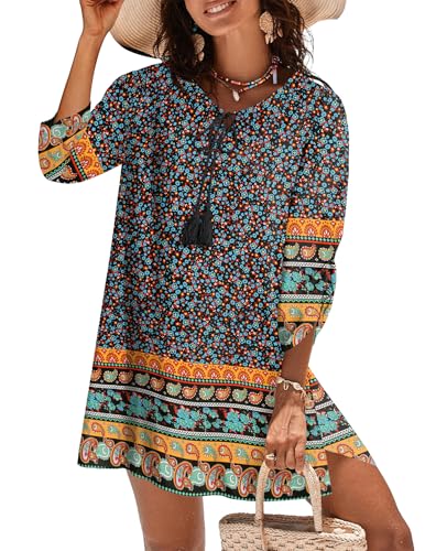 Image of Zeagoo Womens Boho Dresses Casual Beach Summer Dress Tassel Tie Neck 3 /4 Long Sleeve Mini Sundress 2025 Floral Print Cover Up