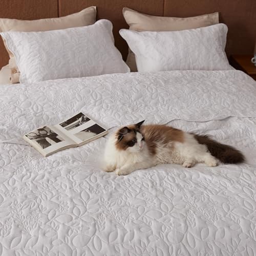 Image of Bedsure Quilts Queen Size - Ultra Soft Pre-Washed Cloud-Like Bedding, All-Season Lightweight Comforter for Country Bedroom, Leaf Design Coverlet in Pure White, 90 x 96 Inches