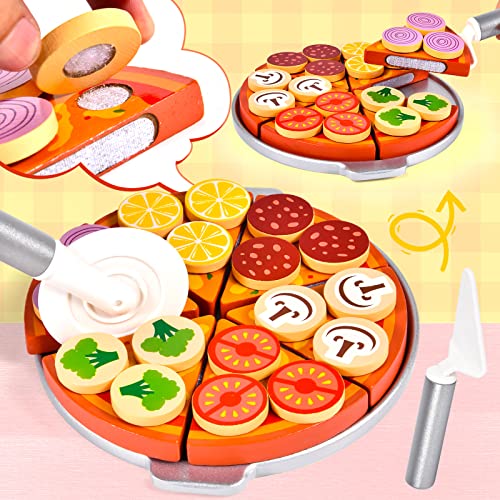Atoylink Kinderküche Holzspielzeug Spielküche Zubehör Küchenspielzeug Lebensmittel Holz mit Pizza Gemüse Obst Schürze Montessori Rollenspiele Weihnachten Geschenk für Kinder 3 4 5 6+ Jahre – Bild 4