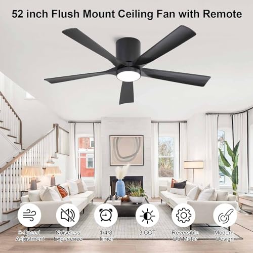 Image of ELEHINSER 52 Inch Flush Mount Ceiling Fan with Lights, Low Profile Modern Ceiling Fan with Remote, Quiet DC Motor, 6-Speed, 3CCT,Timer, 5 Solid Wood Blades, Black