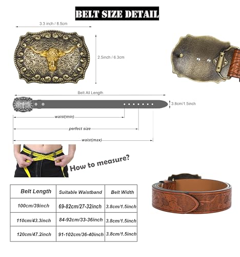 Western-PU-Leather-Belts for Men and Women Cowboy-Cowgirl Longhorn-Bull-Pattern-Engraved-Buckle-Belt for Unisex2