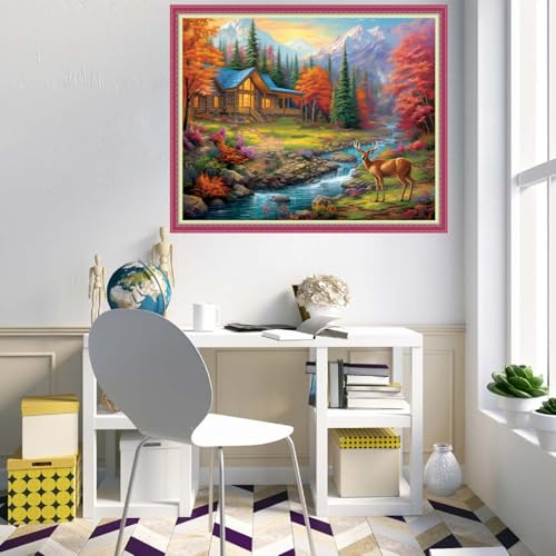 Image of Disnesart Cross Stitch Stamped Full Embroidery Kits DIY 11CT Cotton Thread Printed DIY Needlepoint Kits Craft Needlework Set Cross-Stitch Stamped Sets-Deep Autumn Homeland 16x20 inch