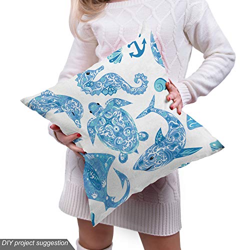 Image of Lunarable Anchor Fabric by The Yard, Pattern with Turtle Dolphin Sea Horse Mollusk Shark Fauna Exotic Tropical Aquatic, Decorative Fabric for Upholstery and Home Accents, 5 Yards, Ice Blue