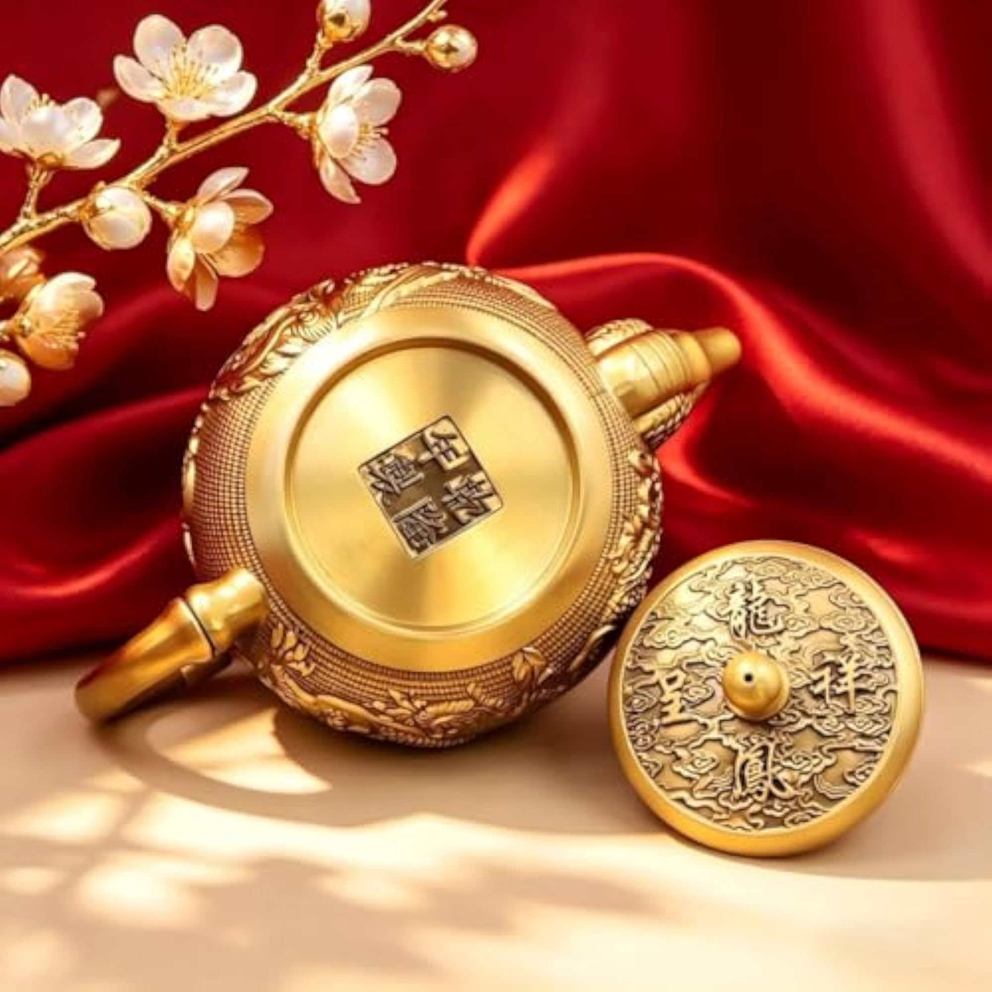 Gold-Colored Dragon and Phoenix Tea Pot, Textured Design