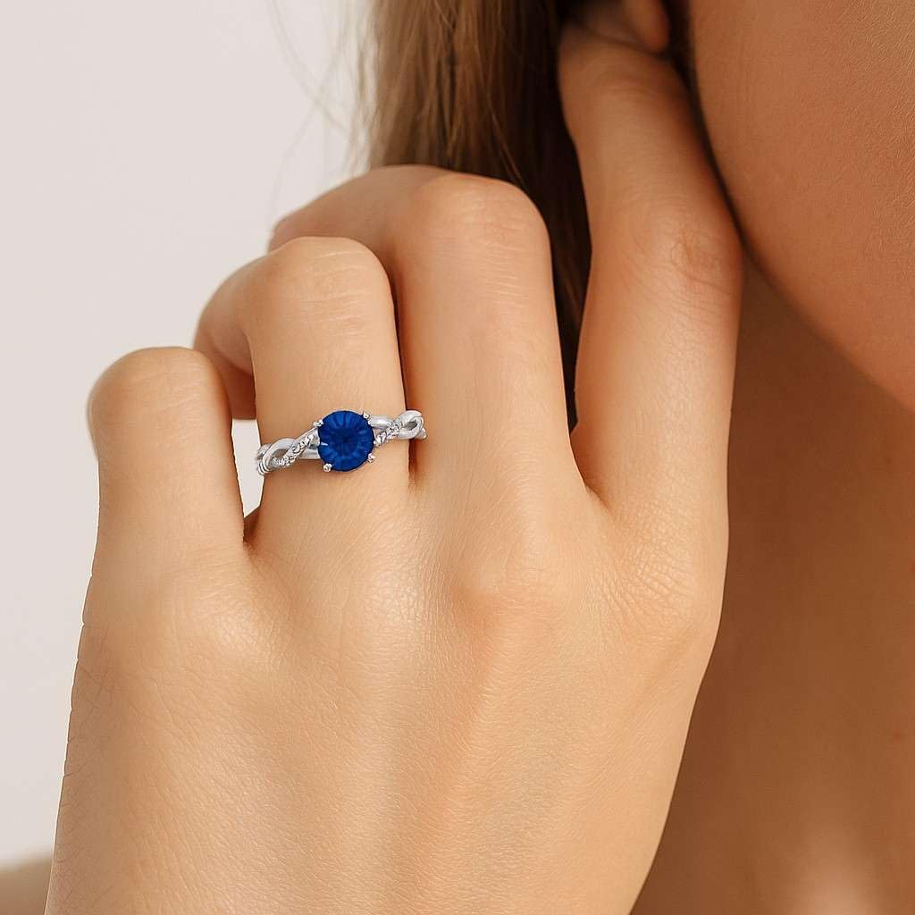 Natural Blue Sapphire Ring for Women in 14K Gold or 925 Sterling Silver | Round Blue Gemstone with Lab-Grown Diamond Accents | Twisted Infinity September Birthstone Promise or Anniversary Ring | Fine Jewelry Gift