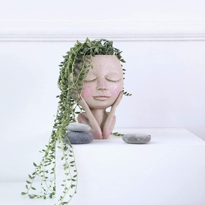 Miniatura 6 de Maceta de cara con cabeza de maceta, bonitas macetas para suculentas de cara de dama para plantas de interior y exterior, macetas de vid de resina,