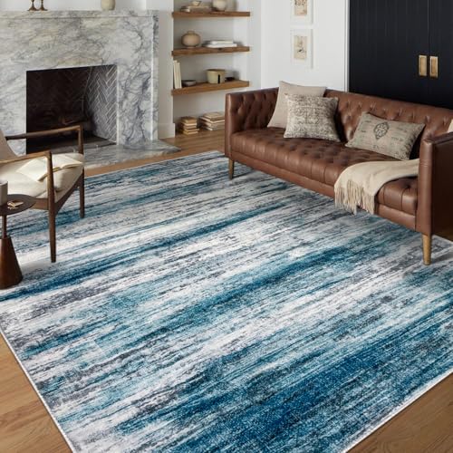 KOZYFLY Area Rug 6x9 Modern Ombre Rugs for Living Room, Washable Large Thin Rugs Non-Slip Soft Striped Rug for Bedroom, Print Distressed Blue Abstract Carpet for Laundry/Kid Room