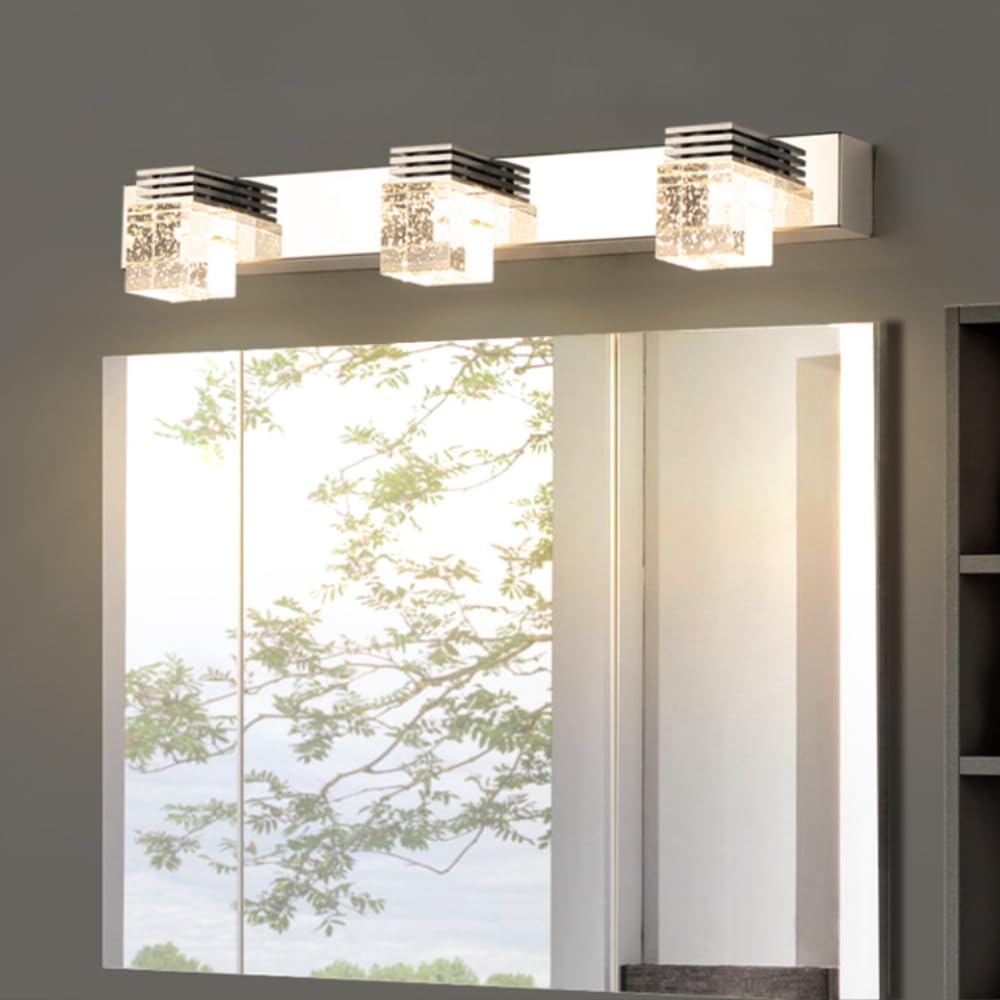 XINYASEE Lámpara de Espejo Baño Cristal Pilar LED Espejo Luces Delanteras, Cuarto de Baño Pasillo Resistente a la Humedad Luces 3000K luz cálida, 6000K luz blanca 6-12W (Luz cálida, Tres cabezas)