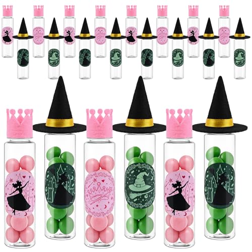Stranthother 24 Set Witch Party Favors Halloween Plastic Candy Tubes Trick or Treat Pink and Green Party Supplies with Mini Witch Hats Princess Crowns & Stickers,Wicked Birthday Party Decoration
