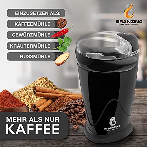 Foto von BRANZING Kaffeemühle elektrisch 150W − Leiser Coffee Grinder für Kaffeebohnen, Nüsse, Gewürze, Kräuter, Getreide − 60g Fassungsvermögen, inkl. Pinsel