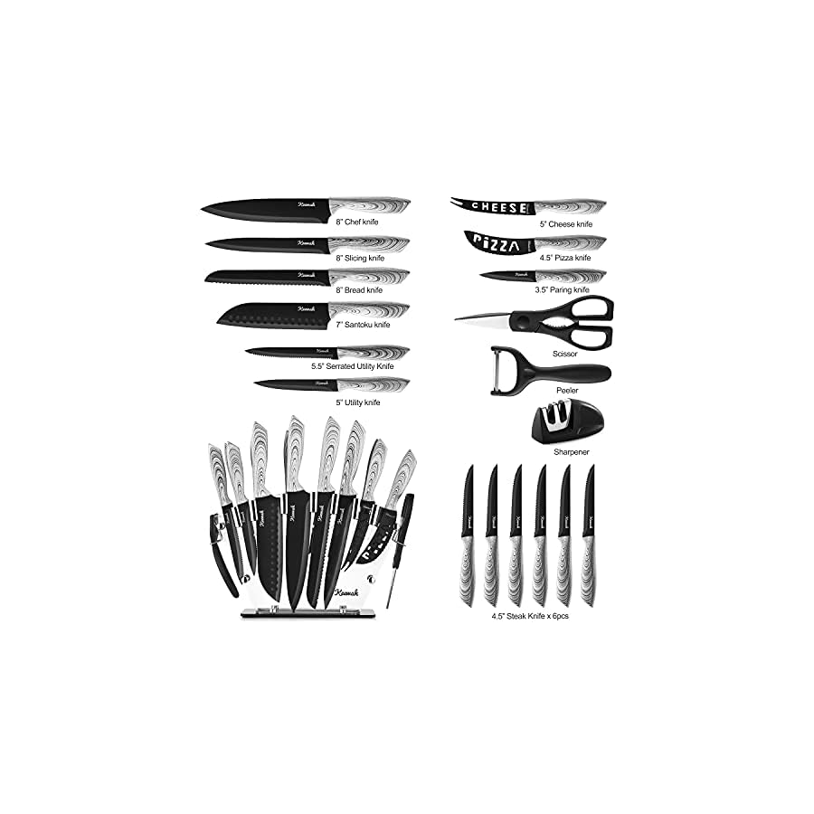 Keewah-19-Pieces-Kitchen-Knife-Set-15-Stainless-Steel-Knives-with-Wood-Texture-Handle-Acrylic-Stand-Scissors-Peeler-and-Knife-Sharpener Keewah 19 Pieces Kitchen Knife Set, 15 Stainless Steel Knives with Wood Texture Handle, Acrylic Stand, Scissors, Peeler and Knife Sharpener