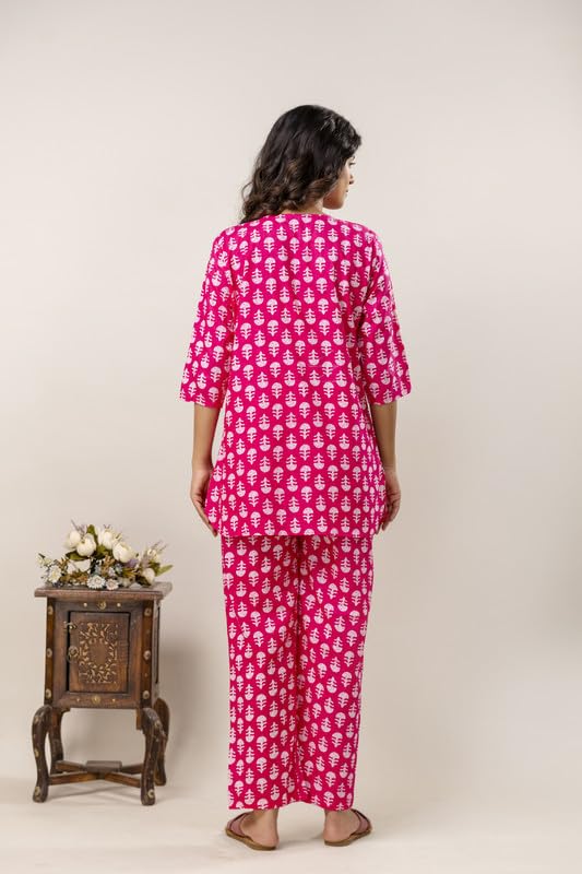 Image of Pure Cotton Printed Night Suit Top and Pyjama Set for Women's Night Dress of Shirt & Pyjama Set for Womens