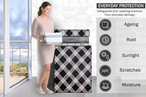 Image of Stylista Washing Machine Cover Compatible for Godrej 6.5 Kg Fully-Automatic Top Loading WTEON MGNS 65 5.0 FDTG MTBK, Checkered Pattern Cream