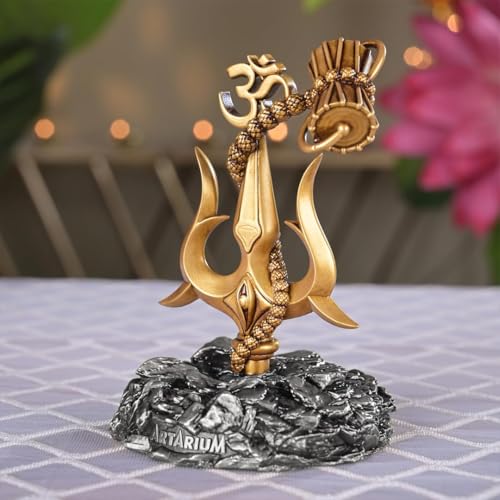Image of Artarium Trishul with Damru Traditional Trishul Damru Shiva Trishul Idol Decorative Showpiece for Car Dashboard Home Decor Pooja Room (Trishul with Damru- Black Base 3.9 Inch)