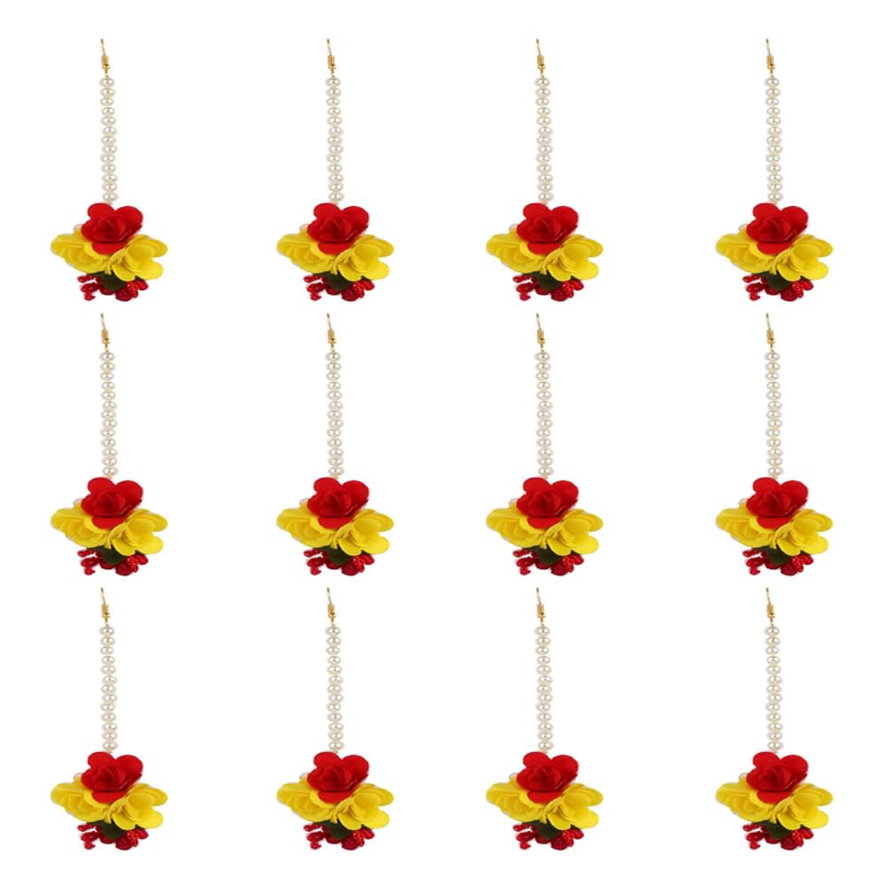 Plus Ethnics Flower Red and Yellow Fabric Along with Pearls Brass Maang Tikka for Women,Pack of 12 ; MangTika Set for Wedding | Baby Shower | Shaadi| Haldi | Mehandi.-image-47