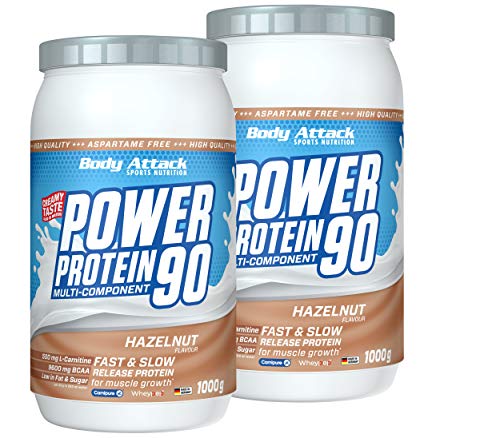 Body Attack Power Protein 90, Hazelnut Cream 2 x 1 kg - Made in Germany - 5K Eiweißpulver mit Whey-Protein, L-Carnitin und BCAA für Muskelaufbau und Fitness