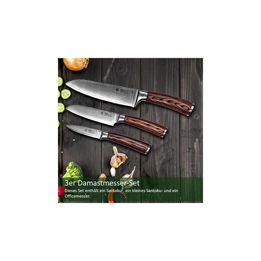 Wakoli Damascus Kitchen Knife Set, 3 Pieces Professional Chef Knife Set made from 67 Layers Damascus Steel with VG10 Core, Knives Set for Kitchen with Pakkawood Handles in Wooden Gift Box (EDIB 3-pcs)