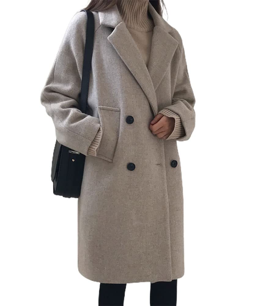 chouyatou Women's Casual Notch Lapel Double Breasted Warm Pea Coat Overcoat (Large, Grey beige)