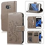 Hergestellt Mit PU Leder Karomenic PU Leder Hülle kompatibel mit Samsung Galaxy S7 Edge 3D Blumen Prägung Handyhülle Brieftasche Reißverschluss Schutzhülle TPU Klapphülle Ständer Wallet Flip Case Cover Schale Etui,Grau