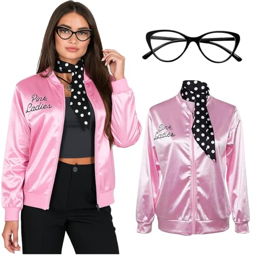 SSKHE Casaco de gordura rosa para mulher com cachecol para o pescoço, óculos, fantasia de cosplay de Halloween, fantasia de cetim rosa dos anos 50 para mulher, festival, carnaval, Natal, festa dos