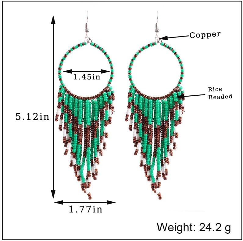 Boho Handmade Beaded Tassel Earrings Statement Seed Beads Earrings Multicolor Long Rice Beaded Fringe Drop Dangle Earrings Bohemian Jewelry for Women - Image 5