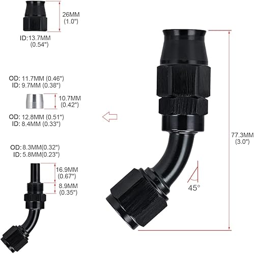 Miniatura 3 de PTNHZ 2 unids 8AN 45 grados PTFE E85 manguera extremo solo para PTFE nylon acero inoxidable trenzado aceite línea combustible adaptador de manguera