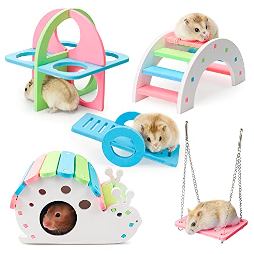 5 Pcs Hamster Toy Set - Rainbow DIY Hideout House Bridge Swing and Seesaw, Pet Sport Exercise Cage Accessories for Gerbil Mouse and Small Pets (S)