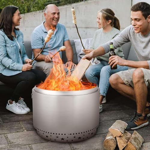 GarveeHome 27 Inch Smokeless Fire Pit, Stainless Steel Wood Burning Fire Pits with Removable Stand and Ash Pan, Portable Bonfire Pit with Handle, Outdoor Fire Pit for Camping, Picnic and Family Gather