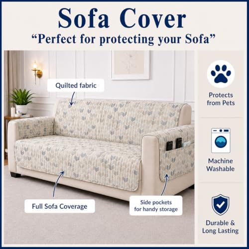 Image of STITCHNEST 'CloudFeel Series' Quilted Printed Velvet Sofa Cover for 2 Seater | Premium Soft Velvet Sofa Protector | Beige Blue Geometric Leaf Pattern Design with Armrest Pockets | Furniture Cover