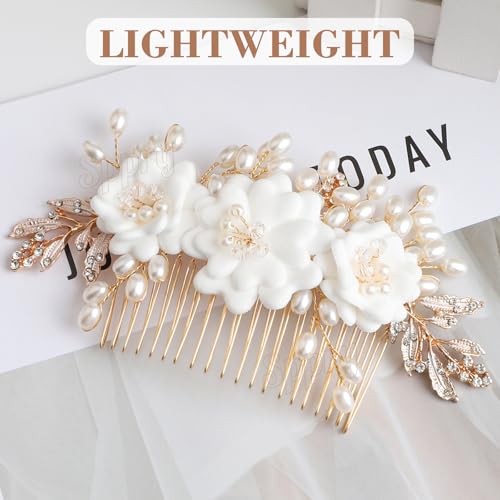 Peine para cabello con flores perladas y pedrería dorado miniatura 5