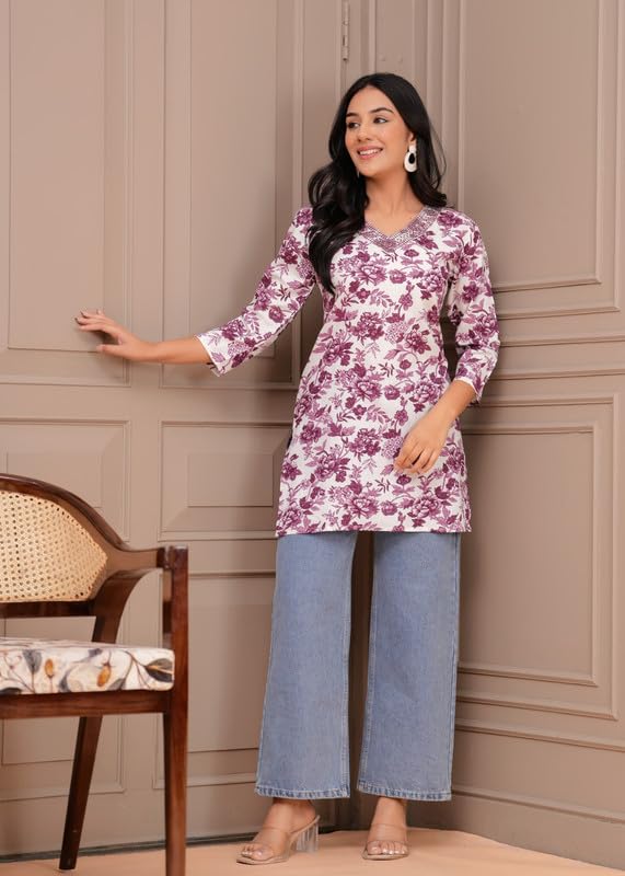 Image of Women's Ethnic Printed Rayon Short Kurta | Stylish Round Neck V-Slit Straight Kurti | Comfortable, Office & Casual Kurta for Jeans, Leggings & Trousers
