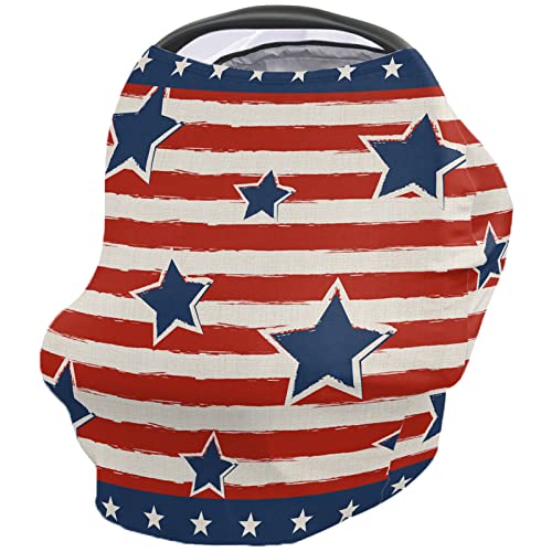 Nursing Cover for Breastfeeding Scarf, Independence Day July 4th Blue and White Stars Stripes Baby Car Covers Super Soft Multi Use for Canopy Shopping Cart Cover Blanket Stroller Cover
