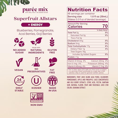 Image of Smartfruit Superfruit All-Stars + Energy - 100% Real Fruit Puree with Blueberry, Pomegranate, Acai & Goji Berries - Great for Smoothies, Juice, Yogurt, Cocktails, Teas & More - 2-Pk, 48oz Each