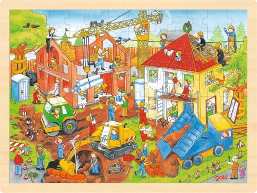 Goki - 2041645 - Puzzle en Bois À Encastrement - Chantier De Construction - 96 Pièces