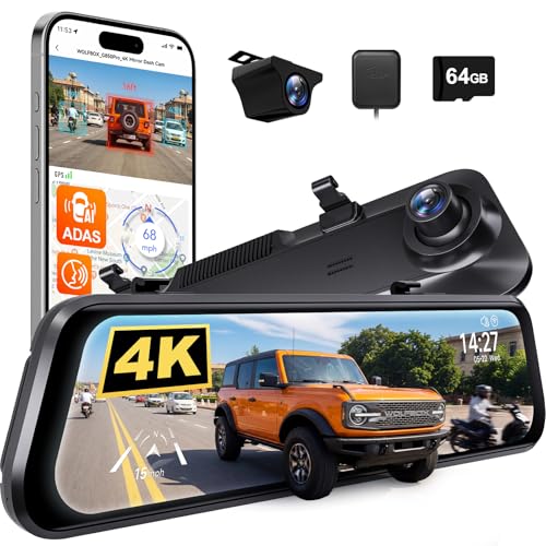 Image of WOLFBOX G850 PRO 4K Rear View Mirror Dash Cam for Car Front and Rear with GPS, ADAS, BSD, 12 inch Touchscreen, 5.8GHz WiFi, Voice Control, G-Sensor, Loop Recording, 64GB Card Included