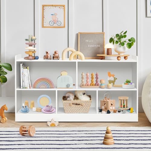 Image of PTINFLUCE Montessori Shelf, Wooden Toy Storage Organizer for Books Toys, 2 Shelf Bookcase, 5-Section Storage Cabinet, Toddler Book Shelf for Kids Rooms, Playroom, Nursery, Kindergarten