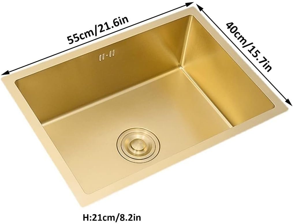 "Golden Stainless Steel Kitchen Sink, Wet Bar & Prep Sink with 360° Curved Hot and Cold Faucet & Drain Assembly, Top Mount or Undermount(55x40cm)