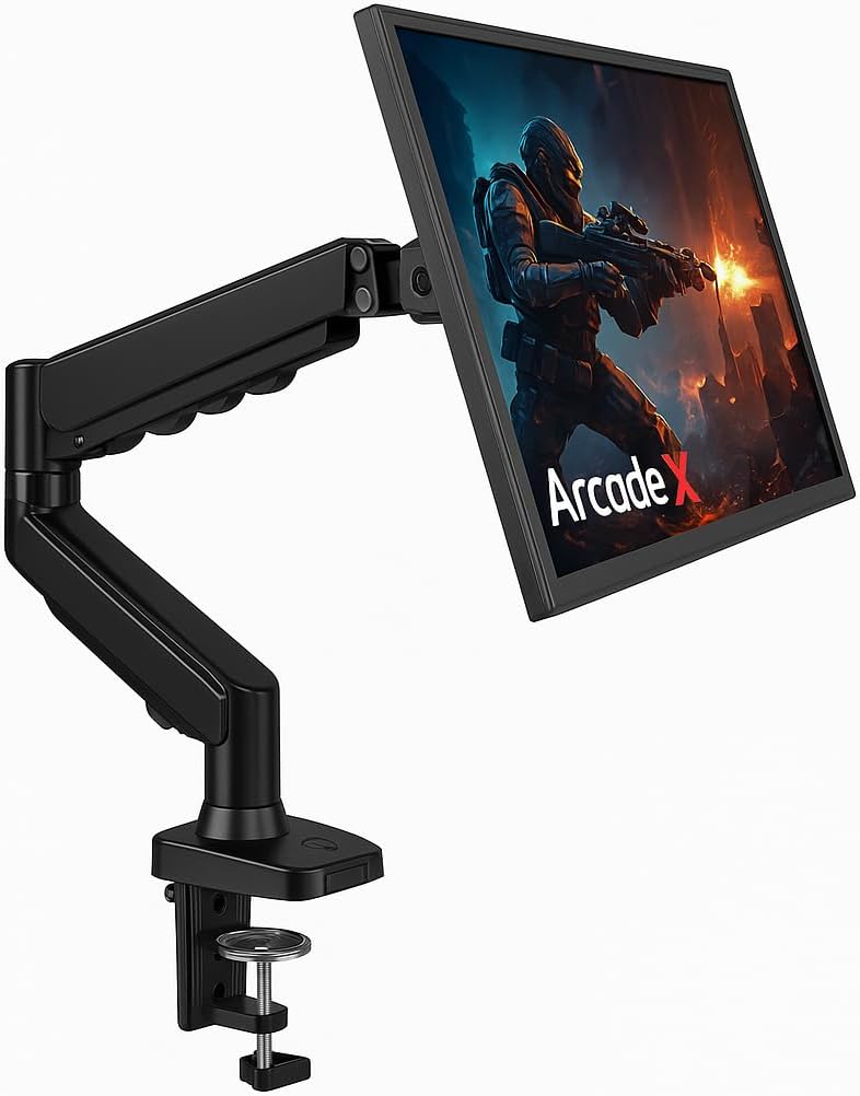 ArcadeX Single Monitor Mount, 13 to 32 Inch Gas Monitor Arm, Adjustable Stand, Vesa Mount with Clamp and Grommet Base - Fits 4.4 to 22lbs LED Computer Monitors (Black with Orange)