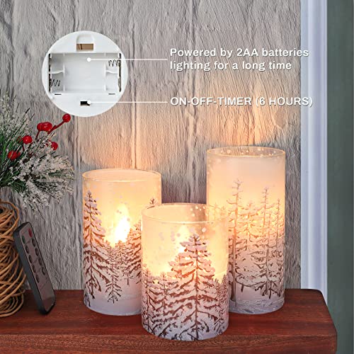 Image of Christmas Tree Flameless Candles, Flickering Battery Operated LED Candles with Remote Timer, Snowflake Iced Glass Pillar Candles for Holiday Party Home Decoration Christmas Gifts, Set of 3