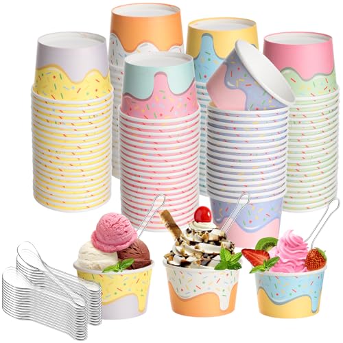 Image of Boao 100 Set 5 oz Ice Cream Cups with Spoons Disposable Paper Sundae Dessert Bowls Summer Party Supplies (Confetti Style)