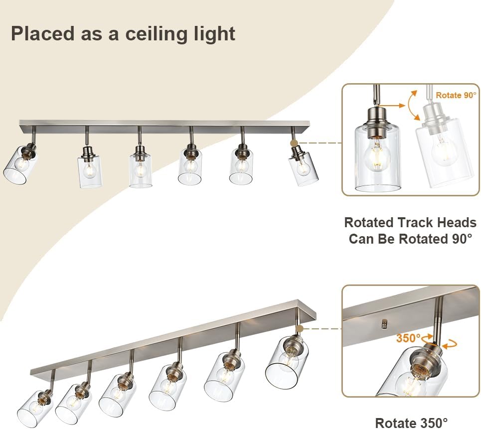 6 Light VINLUZ Bathroom Light Fixtures Classic Vanity Lighting Black Multi-Directional Rotating Metal Ceiling Spotlight with Adjustable Track Heads with Clear Shade