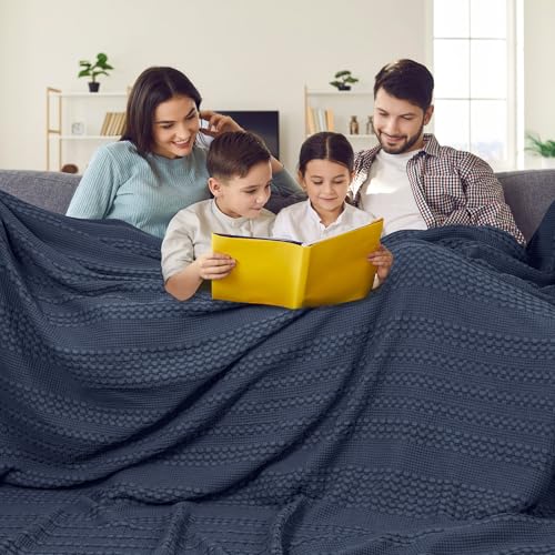 Image of PHF 100% Cotton Waffle Blanket Oversized King 120 inchx120 inch, Lightweight Breathable Extra Large 10'x10' Blankets for Bed, Giant Big Luxury Aesthetic Woven Bedding for Home Decor, Indigo