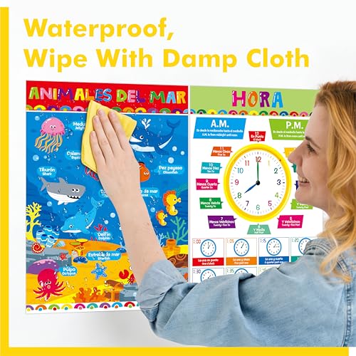 Image of 17 Spanish & English Posters, Thick Elementary Bilingual Poster Set, Waterproof & Tearproof with PET Film, Early Learning Tool, Dual Language Educational Posters for School Supplies, Classroom Decor