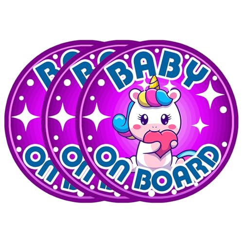 Image of Baby on Board Magnet for Car, Reflective Babies on Board Magnetic Sticker Car Sign, 3 Pack Waterproof Kids Safety First Warning for Parents (Purple Unicorn)
