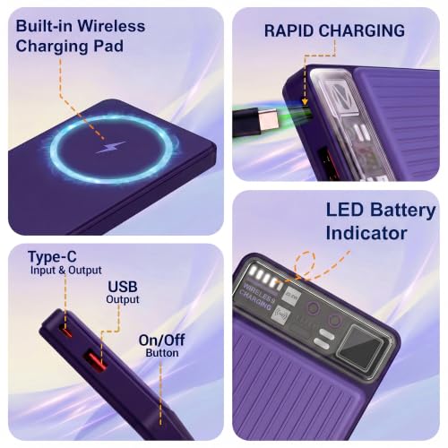 Image of Energizer 22.5W Fast Charging Wireless Power Bank 10000mAh, 15W Qi Wireless, USB-C PD + QC Output, Compact Portable Charger for iPhone, Samsung, Android | Travel Friendly | 1 Yr Warranty | Purple